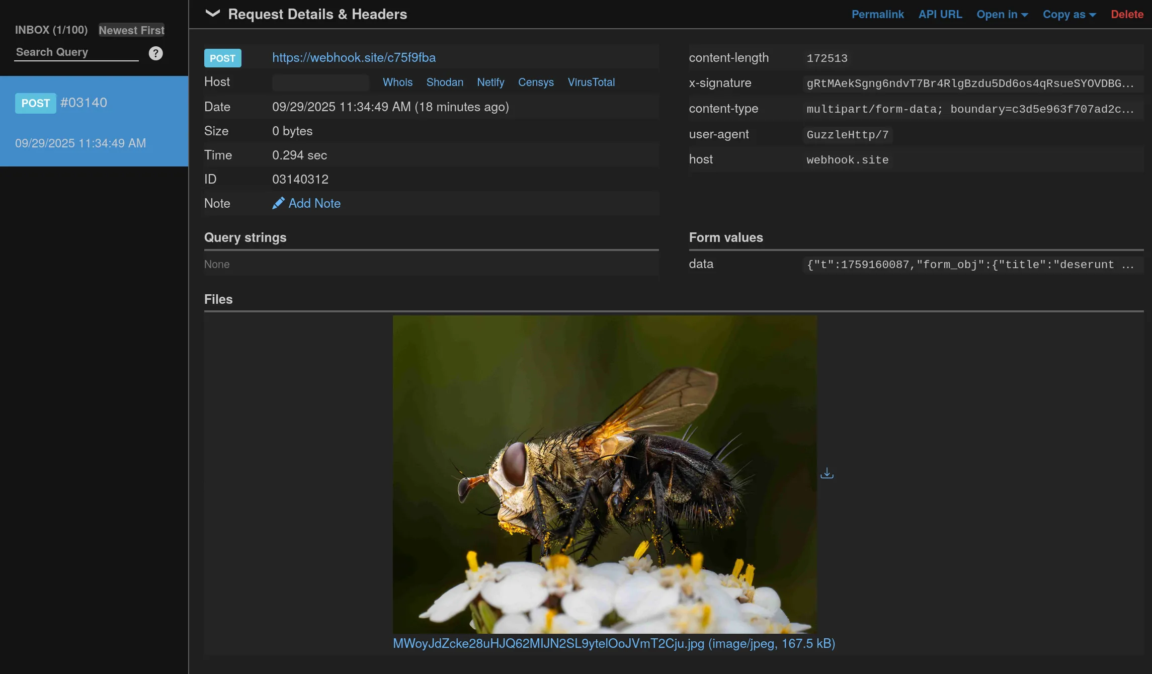 Example of recieved webhook